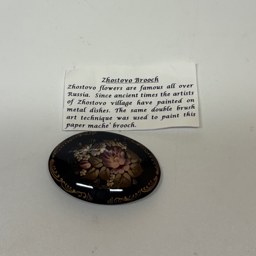 Vintage Zhostovo Russian Hand Painted Floral Paper Mache Lacquer Brooch Pin